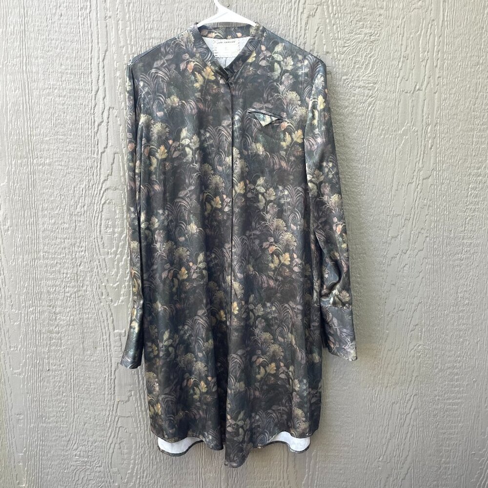 Gary Graham Women's Size 2 Silk Shirt Dress Designer‎ Green Floral Long Sleeve